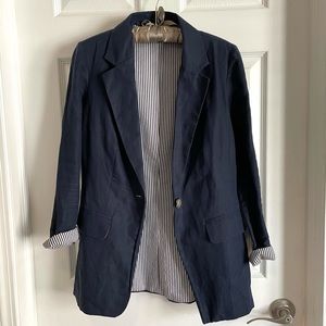 Navy & White Pin Stripe Linen Oversized Blazer